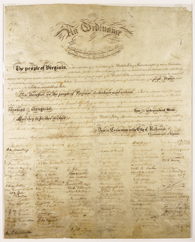 Virginia Secession Ordinance 1861. http://www.lva.virginia.gov/public/guides/Civil-War/Secession.htm Virginia Secession Ordinance 1861. http://www.lva.virginia.gov/public/guides/Civil-War/Secession.htm
